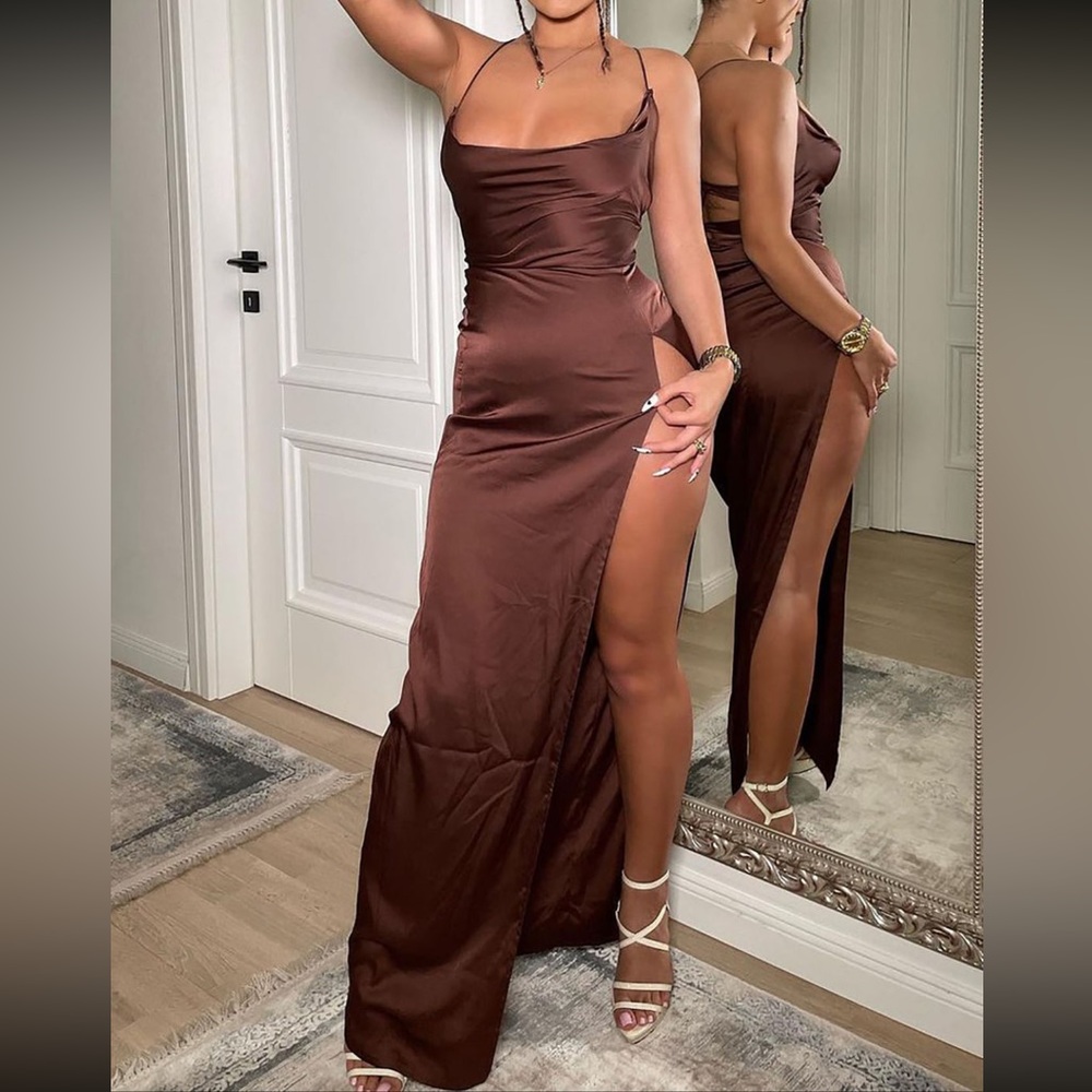 Fashion Nova Annika Satin Maxi Dress in color chocolate